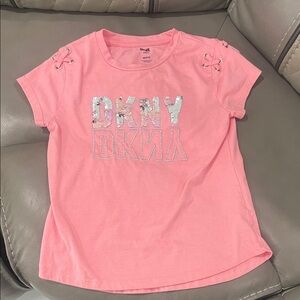 DKNY Girls Pink Sequin Logo Tee - Lace-Up Shoulders - Size Medium (8/10)